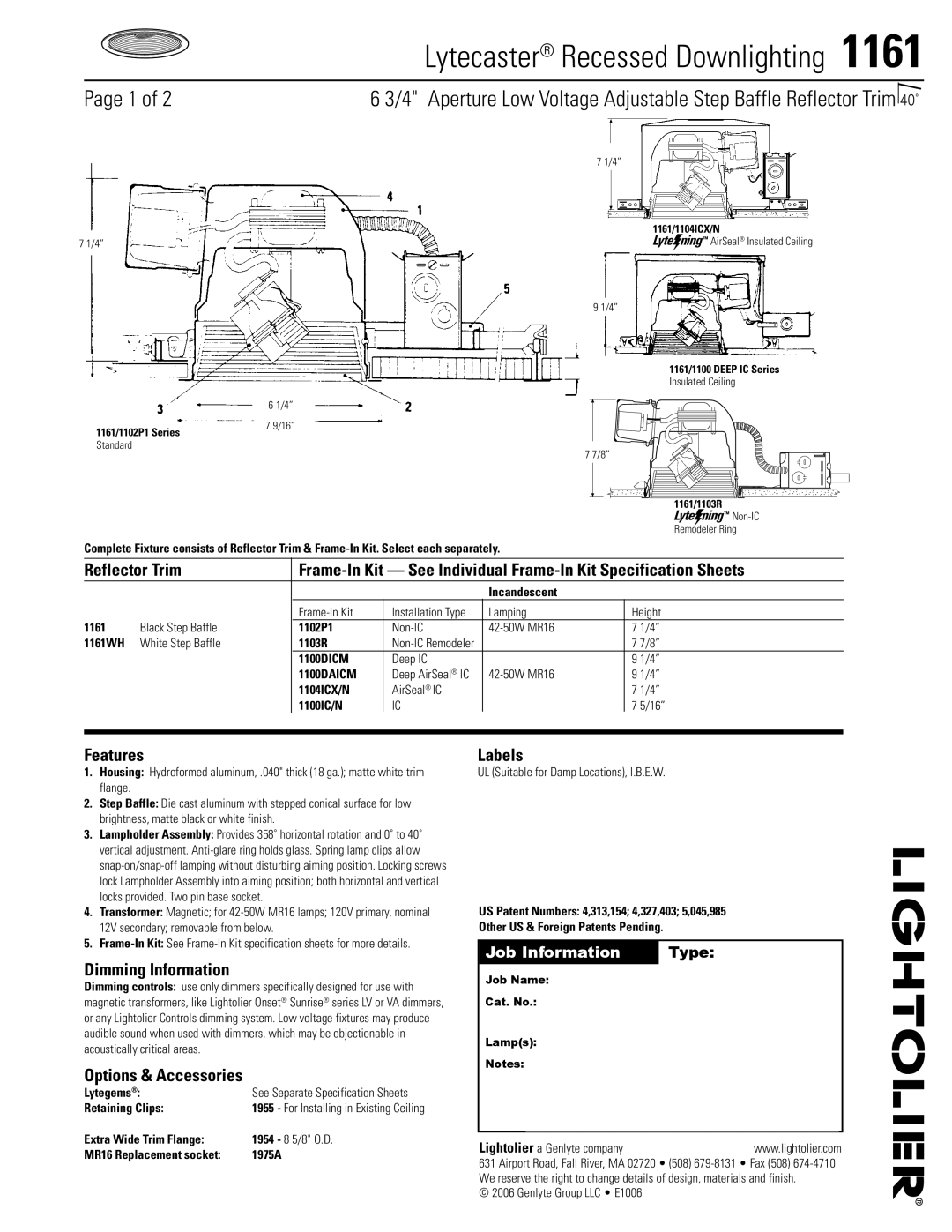 Lightolier 1161 specifications Lytecaster Recessed Downlighting , Features, Dimming Information, Options & Accessories 